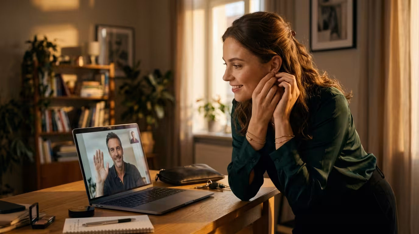 A young woman dressed to go out, putting on an earring while smiling goodbye at a video call on her laptop