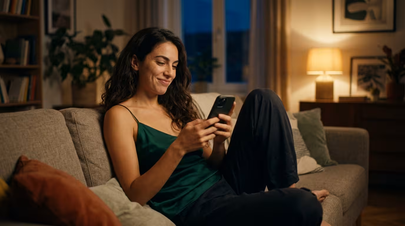 A young woman on her sofa reading a message on her phone with a raised eyebrow and a skeptical smile