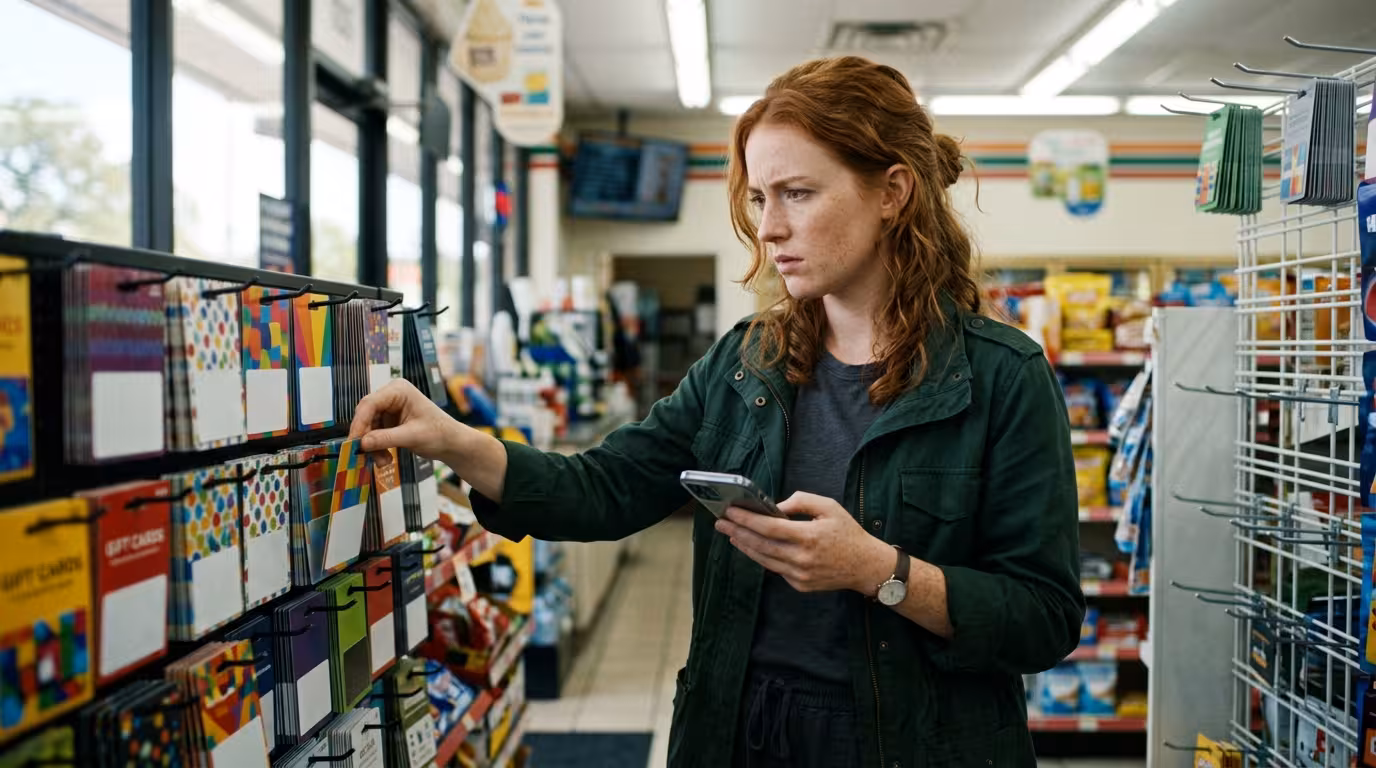 A young woman in a store aisle looking at her phone with sudden realisation, putting a gift card back on the rack