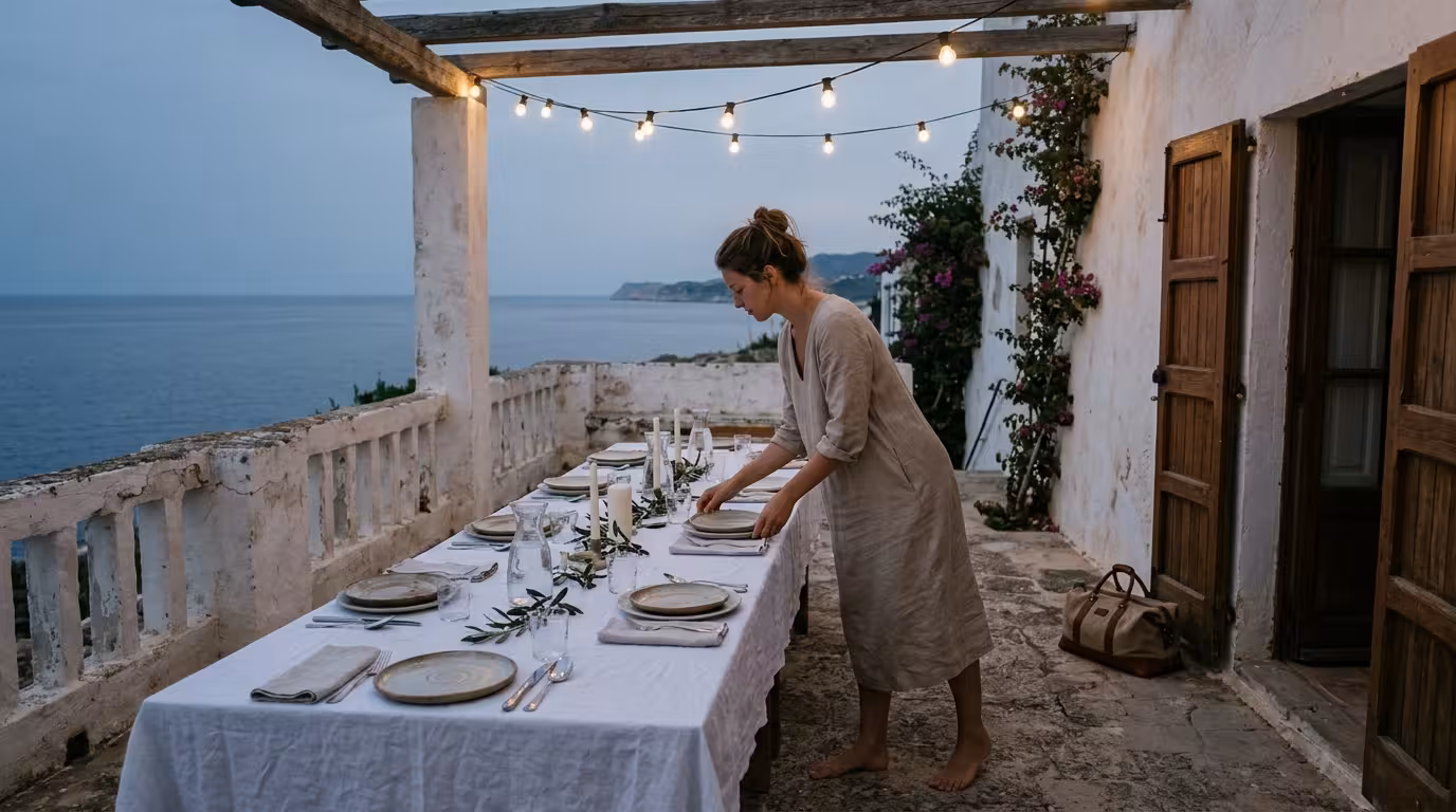 An elegant young woman setting a long white dinner table on a seaside terrace at dusk