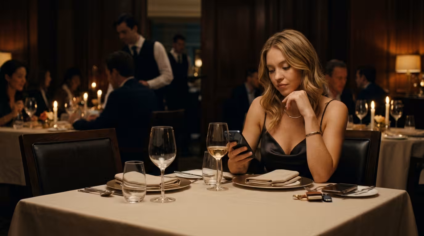 An elegant young woman at a restaurant table set for two, the chair across from her empty